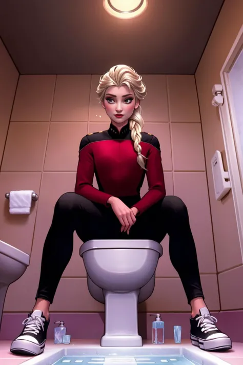 best quality, illustration, beautiful elsa, red s3sttngsuit uniform, black color pants, sneakers, long braided hairstyle, bathroom interior:1.2, sitting pose, shot from below, toilet, magic, ice:0.3, foot focus, sexy details, <lora:elsa:0.6>, <lora:STNGV3new:0.9>