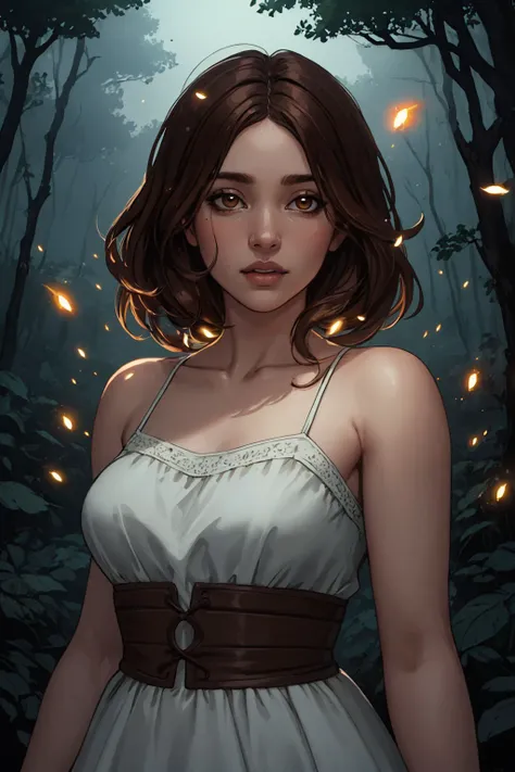 (masterpiece, highest quality, illustration), upper body, solo, woman, brown hair, brown eyes, dress, forest, fireflies, cinematic lighting