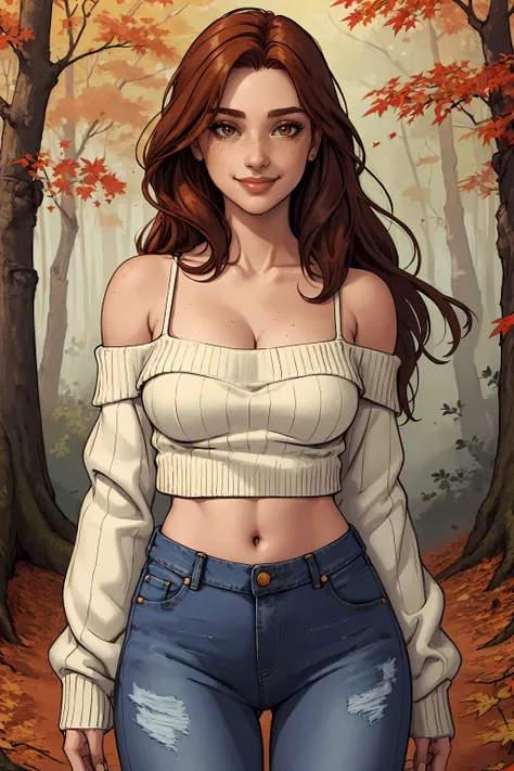 (masterpiece, highest quality, illustration), upper body, solo, woman, smile, long hair, auburn hair, brown eyes, freckles, midriff peek, cleavage, cropped sweater, off shoulder, spaghetti strap, jeans, outdoors, autumn, forest, facing the viewer, standing