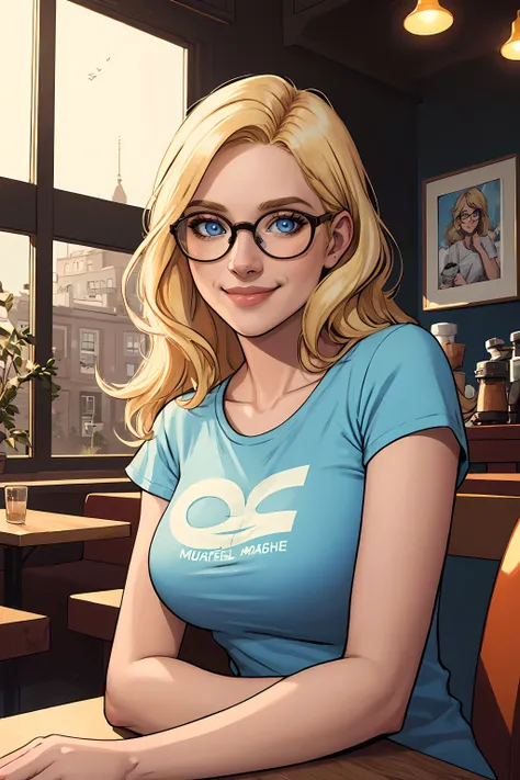 (masterpiece, highest quality, illustration), upper body, solo, woman, smile, blonde hair, blue eyes, t-shirt, glasses, indoors, cafe, sitting, mood lighting