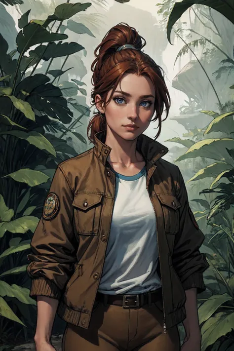 (masterpiece, highest quality, absurdres), upper body, solo, woman, explorer, auburn hair, ponytail, blue eyes, explorer outfit, safari jacket, brown pants, outdoors, jungle