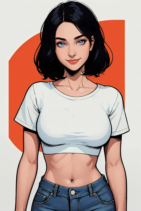 (masterpiece, highest quality, illustration), comics style, upper body, solo, 1girl, smile, black hair, blue eyes, midriff, white crop top, short sleeves, jeans, facing the viewer, standing, plain background