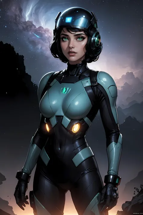 (masterpiece, highest quality, absurdres), sci-fi, retro-futurism, upper body, close-up, solo, woman, black hair, green eyes, helmet, pilot suit, outdoors, alien planet, standing, night, stars, nebula, cinematic lighting