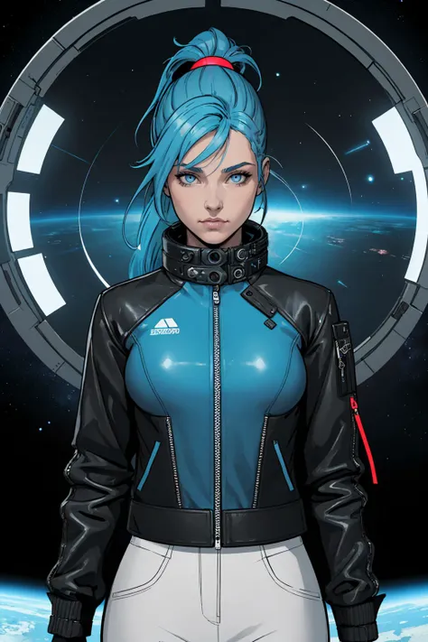 (masterpiece, highest quality, illustration), thick outlines, flat colors, sci-fi, futuristic, upper body, solo, woman, blue hair, ponytail, grey eyes, small breasts, futuristic leather jacket, techwear, facing the viewer, standing, space, cinematic lighting