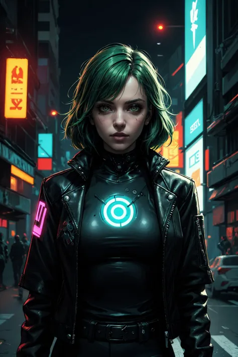 (masterpiece, highest quality, illustration), cyberpunk, sci-fi, futuristic, upper body, solo, woman, green hair, brown eyes, futuristic leather jacket, techwear, facing the viewer, standing, neon, night, cinematic lighting, <lora:more_details:0.5>