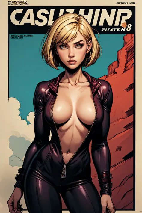 (masterpiece, highest quality, absurdres), comics style, thick outlines, cowboy shot, (solo), woman, short blonde hair, bob cut, brown eyes, collarbone, cleavage, small breasts, bare breasts, navel, unzipped jumpsuit, facing the viewer, standing, <lora:add_detail:0.5>