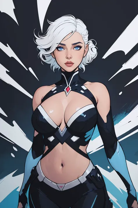 (masterpiece, highest quality, illustration), comics style, 8k wallpaper, close-up, solo, woman, short white hair, hair updo, blue eyes, large breasts, navel, surreal, vivid, vibrant colors, abstract, cinematic lighting, facing the viewer, standing, <lora:more_details:-0.5>