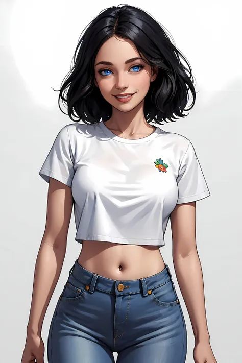 (masterpiece, highest quality, illustration) upper body, solo, 1girl, smile, black hair, blue eyes, navel, white crop top, short sleeves, jeans, facing the viewer, standing, plain background