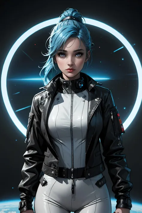 (masterpiece, highest quality, illustration), sci-fi, futuristic, upper body, solo, woman, blue hair, ponytail, grey eyes, small breasts, futuristic leather jacket, techwear, facing the viewer, standing, space, cinematic lighting