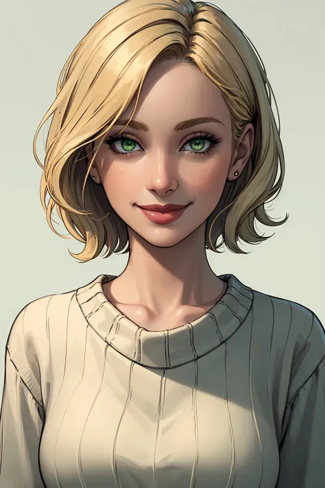 (masterpiece, highest quality, illustration), close-up, portrait, solo, woman, smile, short blonde hair, green eyes, sweater, facing the viewer, standing, plain background