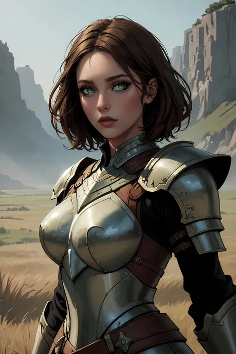 (masterpiece, highest quality, illustration), fantasy, close-up, portrait, solo, woman, warrior, short brown hair, green eyes, armor, facing the viewer, standing, plains, cinematic lighting