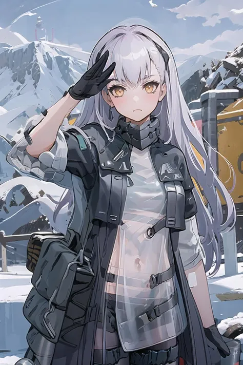 tololo, 1girl, solo, long hair,salute, cowboy shot, mountain, looking at viewer, <lora:outfit-tololov2-pynoise:1>