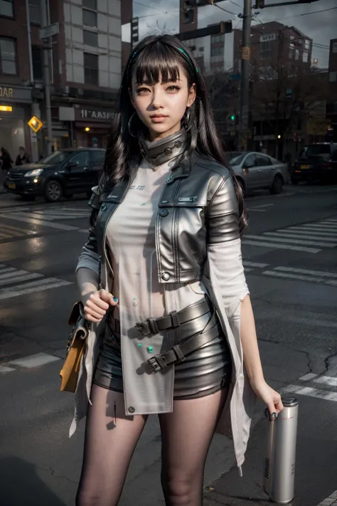 (realistic:1.3), finely detailed, quality, rembrandt lighting, (masterpiece:1.2), (photorealistic:1.2), (best quality), (detailed skin:1.3), (intricate details), dramatic, ray tracing, 1girl, tololo, 21 years old, detailed skin texture, (blush:0.5), (goosebumps:0.5), subsurface scattering, smiling, medium breasts, long hair, bangs, hair between eyes, ankle boots, (bright sunny day, cityscape), <lora:Girls' Frontline-Tololo AK-alfa (With multires noise version):1>