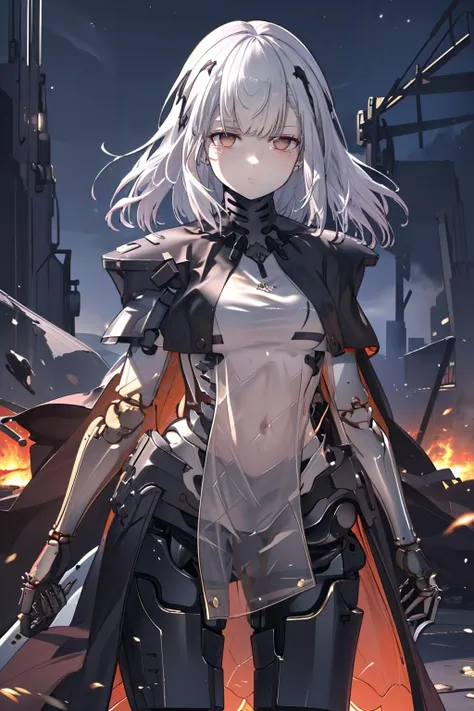 best quality, highly detailed, destroyed city background, battlefield, (night:1.2), flames, 1girl, tololo, Nitorization, glaring, upper body, expressionless, empty eyes, white dress, black cape, black capelet, mechanical arms, white hair, cowboy shot, (pale skin:1.2), (mechanical skeleton:1.2), bioluminescence  <lora:[LoRa] Nitorization Girls' frontline Concept:0.9>  <lora:Girls' Frontline-Tololo AK-alfa (With multires noise version):0.5>