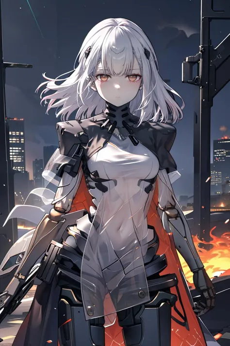 best quality, highly detailed, destroyed city background, battlefield, (night:1.2), flames, 1girl, tololo, Nitorization, glaring, upper body, expressionless, empty eyes, white dress, black cape, black capelet, mechanical arms, white hair, cowboy shot, (pale skin:1.2), (mechanical skeleton:1.2), bioluminescence  <lora:[LoRa] Nitorization Girls' frontline Concept:0.9>  <lora:Girls' Frontline-Tololo AK-alfa (With multires noise version):0.5>