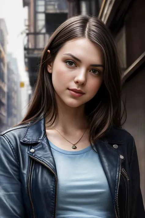 photo of extremely sexy (AM190_Brigitte:0.99), a woman as a sexy student, ((closeup portrait:1.3)), modelshoot style, (extremely detailed CG unity 8k wallpaper), photo of the most beautiful artwork in the world, professional majestic oil painting by Ed Blinkey, Atey Ghailan, Studio Ghibli, by Jeremy Mann, Greg Manchess, Antonio Moro, trending on ArtStation, trending on CGSociety, Intricate, High Detail, Sharp focus, dramatic, photorealistic painting art by midjourney and greg rutkowski, (blue t-shirt:1.2), (leather jacket), (jeans), ((city slums)), (looking at viewer:1.2), (detailed pupils:1.3), (holding a shopping bag:1.1)