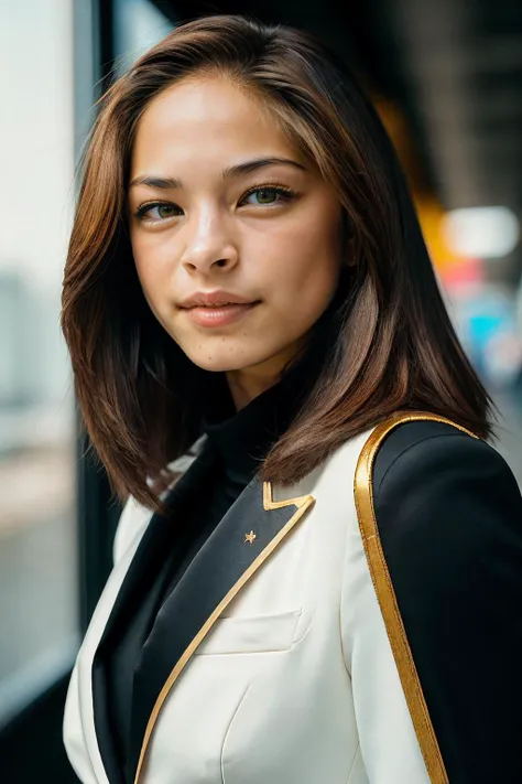 medium shot, photo of skswoman, Classic headshot pose, wearing Cape Blazer and Skinny pants, in planet, looking frown, (look at viewer:1.0) (skin texture), Fujifilm XT3, DSLR, 50mm, <lyco:Kristin KreukV2:1.2>