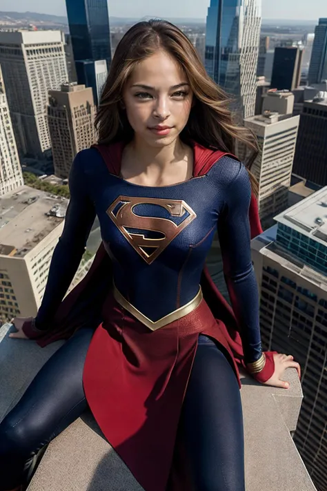 DC movies,from above,photo of a 18 year old girl,supergirl,saluting,happy,outdoor,windy,ray tracing,detail shadow,shot on Fujifilm X-T4,85mm f1.2,sharp focus,depth of field,blurry background,bokeh,lens flare,motion blur,<lora:add_detail:1>,