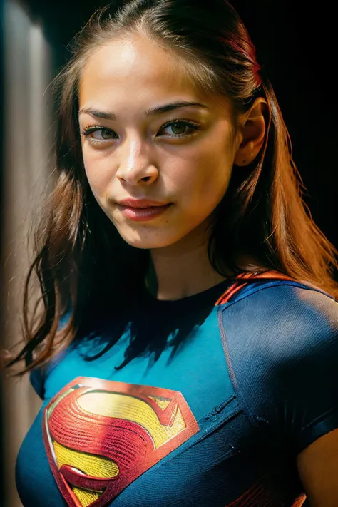 portrait of skswoman with sexy t-shirt with superman logo on it, (perfect eyes), energetic and colorful streams of light (photo, studio lighting, hard light, sony a7, 50 mm, matte skin, pores, concept art, colors, hyperdetailed), with professional color grading, soft shadows, bright colors, daylight, <lyco:Kristin KreukV2:1.2>