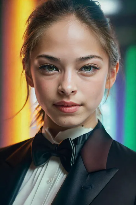 portrait of skswoman in tuxedo, (perfect eyes), energetic and colorful streams of light (photo, studio lighting, hard light, sony a7, 50 mm, matte skin, pores, concept art, colors, hyperdetailed), with professional color grading, soft shadows, bright colors, daylight, <lyco:Kristin KreukV2:1.2>