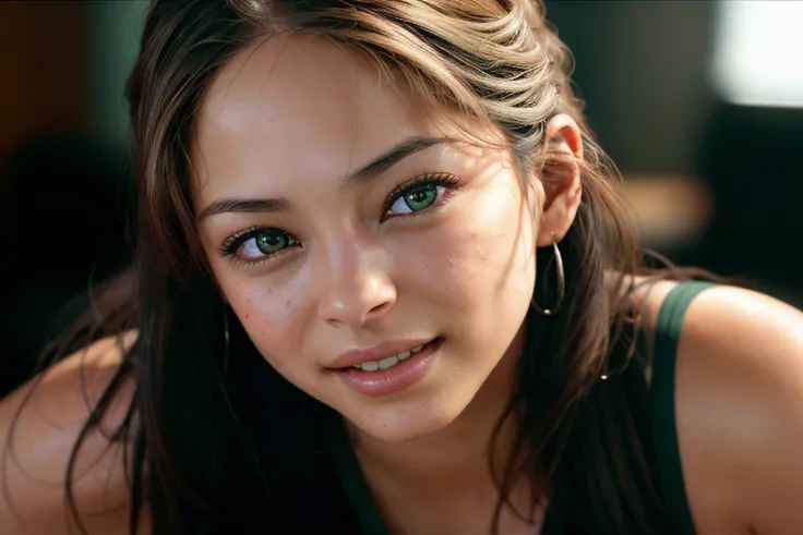 <lora:Kristin KreukV2:1>, skswoman, look at viewer, horny, seductrice eyes, sexual attraction, ultra realistic real life hair style, Ultra realistic real life detail big Hazel green eyes, Ultra realistic real life detail lips, Ultra realistic real life smile, Ultra realistic real life white teeth, RAW candid cinema, 16mm, color graded portra 400 film, remarkable color, ultra realistic detail textured skin, remarkable detailed pupils, realistic tanned dull skin noise, visible skin detail, skin fuzz, moisturize skin, shot with cinematic camera, detailed skin texture, (blush:0.5), (goosebumps:0.5), subsurface scattering, warm professional lighting, hotel,