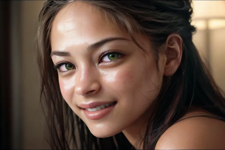 <lora:Kristin KreukV2:1>, skswoman, look at viewer, horny, seductrice eyes, sexual attraction, ultra realistic real life hair style, Ultra realistic real life detail big Hazel green eyes, Ultra realistic real life detail lips, Ultra realistic real life smile, Ultra realistic real life white teeth, RAW candid cinema, 16mm, color graded portra 400 film, remarkable color, ultra realistic detail textured skin, remarkable detailed pupils, realistic tanned dull skin noise, visible skin detail, skin fuzz, moisturize skin, shot with cinematic camera, detailed skin texture, (blush:0.5), (goosebumps:0.5), subsurface scattering, warm professional lighting, hotel,