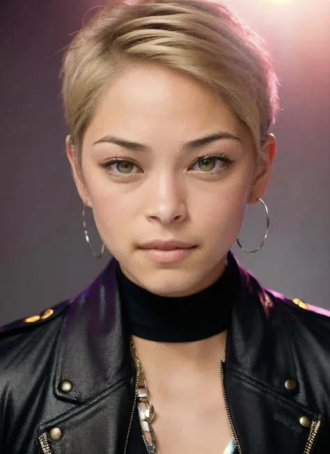 portrait of Kristin Kreuk, fear , wearing trousers , with ash blonde Pixie cut , background slums epic (photo, studio lighting, hard light, sony a7, 50 mm, matte skin, pores, colors, hyperdetailed, hyperrealistic), <lyco:Kristin Kreuk:1.1>