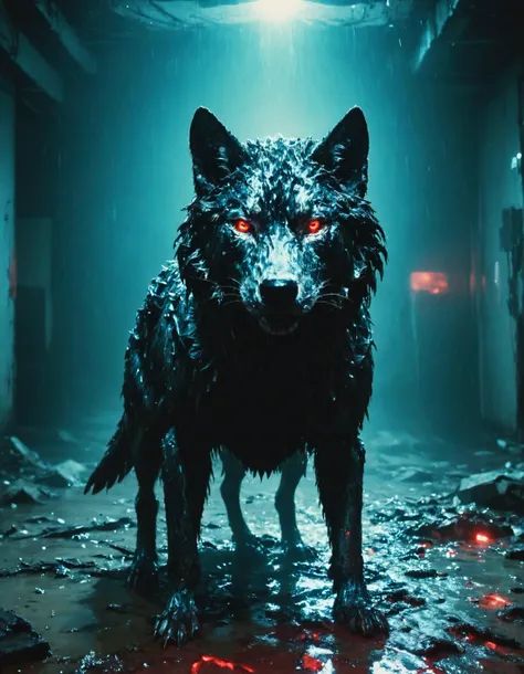 yikes!, A powerful cybernetic wolf, in the style of futuristic concept art, prowling through a neon-lit cityscape at midnight. Its sleek metallic body glows with a vibrant blue hue, accentuated by intricate circuit patterns. Swirling digital code fills the air around it, giving the scene an otherworldly aura. Blazing red eyes pierce through the darkness, reflecting the determination and intensity of this extraordinary creature