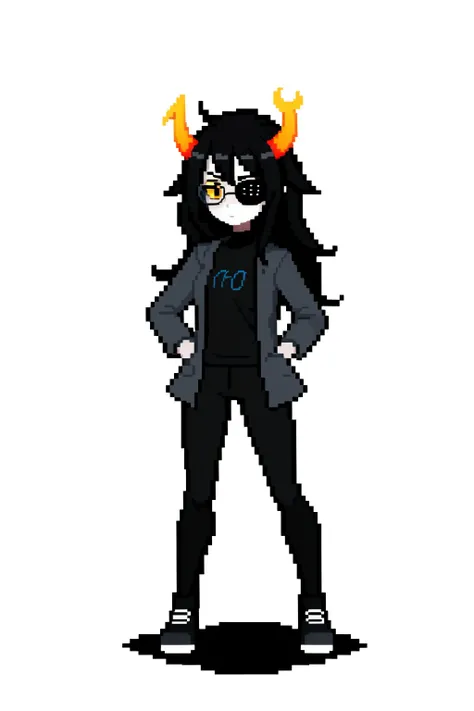 (white background:1.4),simple background,<lora:pixel_f2:0.5>,pixel,pixel art, 1girl, vriska, colored skin, yellow sclera, black hair, long hair, horns, eyepatch, glasses, black lipstick, black shirt, grey jacket, black pants, solo, standing <lora:VriskaSerket:1>