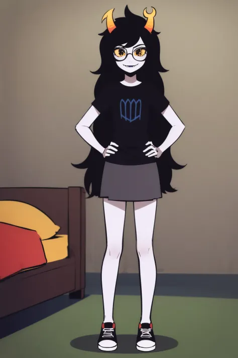 1girl, mature, 30 y.o, white skin, tall, skinny, smile, head tilt, black shirt, shorts, fishnet stockings, full body, black hair, long hair, straight hair, looking at viewer, minimalist backdrop, black eyes,  light smile, upper body, <lora:PeanutsishB:0.3>,  <lora:American_comics_one:0.4>