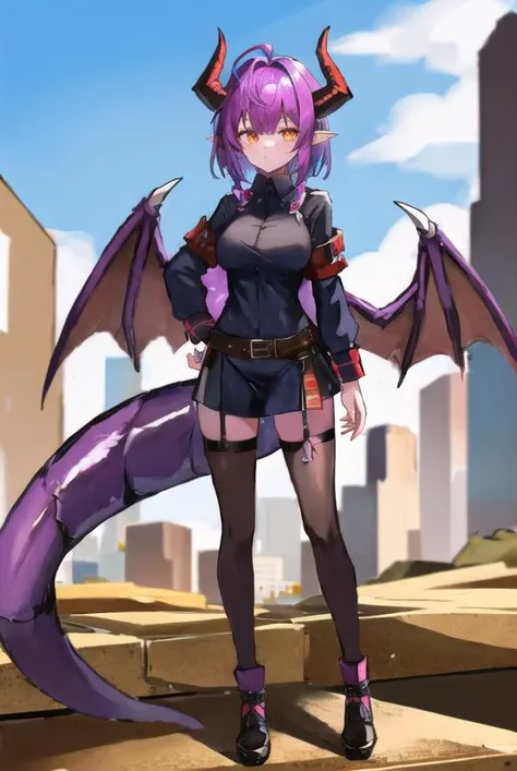 (1girl:1.5), solo, <lora:dragongirl-1_dragongirl-2__dragongirl-3_dragongirl-4--retro_ham_avas_jun_rifl--09-01:1> dragon girl, dragon horns, dragon tail, dragon wings, full body, post-apocalypse, crumbling city on background, portrait