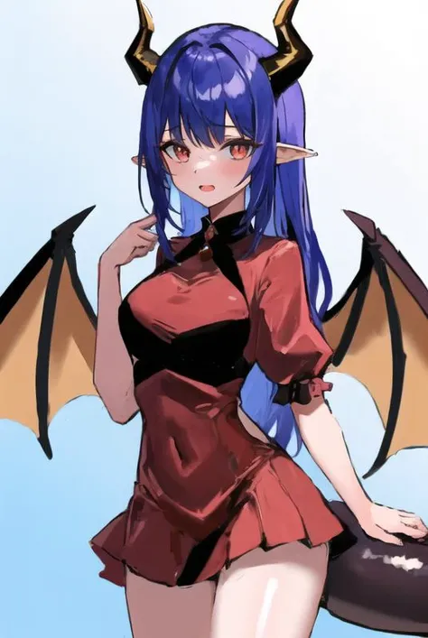 (extremely detailed CG), (best quality), perfect face, shiny skin, lustrous skin,wide hips,   1girl,solo ,   <lora:MillaarcSympho-10:0.8> MillaarcSympho, fangs,open clothes,jewelry, cleavage , sharp fingernails, pink dress, nail polish, sleeveless dress, sleeveless orange eyes,red eyes, long fingernails ponytail,navel, wings, bat wings, blue hair, multicolored hair, pointy ears, vampire, ass, ass focus, looking back, indoors