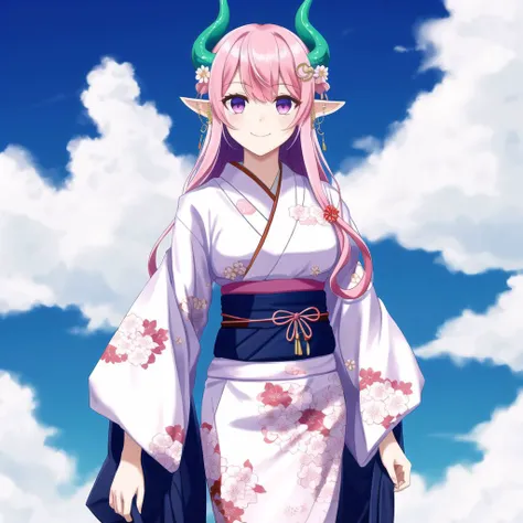 <lora:dragongirl-1_dragongirl-2__dragongirl-3_dragongirl-4--retro_ham_avas_jun_rifl--09-01:1.0>, 

(dragon girl:1.0), dragon horns, (dragon tail:1.0), dragon wings,

(full body:1.0),


 1girl, blue sky, closed mouth, clouds, day, floral print, hair ornament, hair rings, highres, holding, japanese clothes, kei-ne, kimono, long hair, long sleeves, looking at viewer, outdoors, pink hair, pointy ears, sky, smile, solo, upper body, violet eyes, white kimono