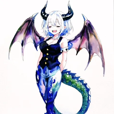 <lora:dragongirl-1_dragongirl-2__dragongirl-3_dragongirl-4--retro_ham_avas_jun_rifl--09-01:1.0>,
(dragon girl:1.0), dragon horns, (dragon tail:1.2), dragon wings,
(full body:1.0),
1girl, arms under breasts, black horns, buttons, closed eyes, demon girl, horns, limited palette, open mouth, painting \(medium\), sharp teeth, short hair, smile, teeth, traditional media, watercolor \(medium\), white background, white hair