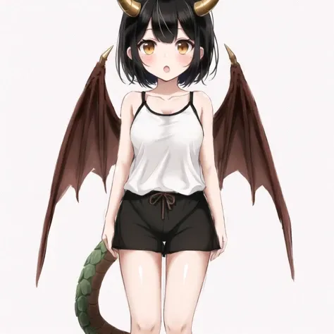<lora:dragongirl-1_dragongirl-2__dragongirl-3_dragongirl-4--retro_ham_avas_jun_rifl--09-01:1.0>,
(dragon girl:1.0), dragon horns, (dragon tail:1.0), dragon wings,
(full body:1.2),
solo, 1girl, masterpiece, best quality, black hair, (white camisole), brown eyes, bob cut, blunt bangs, brown eyes, blush, black hair, steaming, (freckles:0.8), collarbone, exposed shoulders, small breasts, empty background, white background, :o, confused, (?)