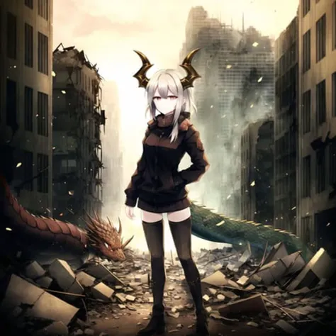<lora:dragongirl-3_dragongirl-4:1.0>,
(dragon girl:1.1), dragon horns, tail,
full body, expressionless, empty eyes, post-apocalypse, crumbling city on background, portrait