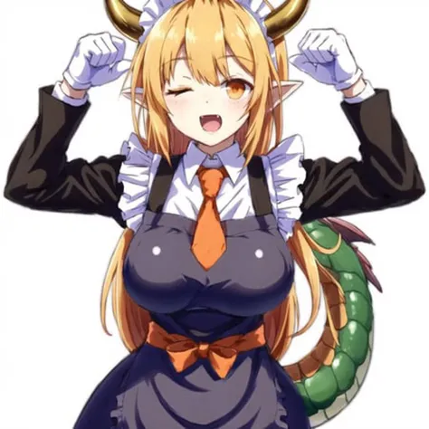 <lora:dragongirl-1_dragongirl-2__dragongirl-3_dragongirl-4--retro_ham_avas_jun_rifl--09-01:1.2>,
(dragon girl:1.2), dragon horns, tail,
1girl, apron, bangs, blonde hair, breasts, dragon girl, dragon horns, dragon tail, gloves, horns, large breasts, looking at viewer, maid, maid headdress, necktie, one eye closed, open mouth, orange eyes, shirabe shiki, shrugging, simple background, solo, tail, white background