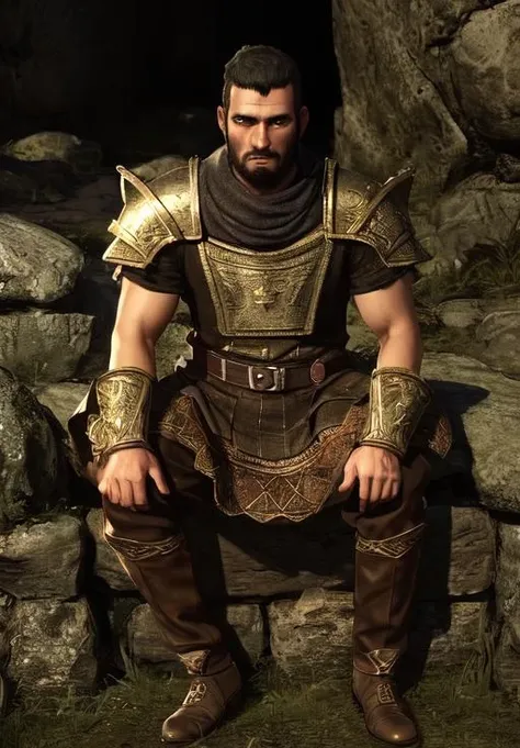 <lora:Imperials-Male:0.8>, Imperials-Male, solo, black hair, 1boy, sitting, facial hair, rock, (masterpiece, best quality, absurdres, detailed, ultra-detailed:1.3), (trending on CGSociety, trending on pixiv, contest winner:1.3)