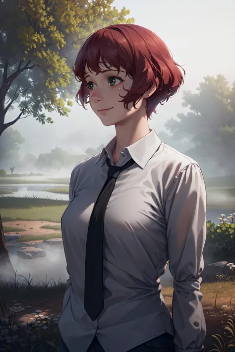 rintenz, 1girl, solo, smile, short hair, shirt, green eyes, red hair, necktie, tree, nature ,(armless amputee:1.2), brown hair, collar, collared shirt, (double amputee:1.2), <lora:rintenz:0.55>, (foggy background, epic realistic, rutkowski, hdr, intricate details, hyperdetailed, cinematic, rim light, muted colors:1.2)