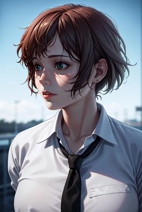rintenz, 1girl, solo, tezuka rin, (armless amputee:1.4), brown hair, collar, collared shirt, katawa shoujo,  green eyes, katawa shoujo, red necktie, shirt, short hair, solo, white shirt, <lora:rintenz:0.55>, best quality, ultra high res, (photorealistic:1.4),, high resolution, detailed, raw photo, sharp re, by lee jeffries nikon d850 film stock photograph 4 kodak portra 400 camera f1.6 lens rich colors hyper realistic lifelike texture dramatic lighting unrealengine trending on artstation cinestill 800,, photorealistic, photo, masterpiece, realistic, realism, photorealism, high contrast, photorealistic digital art trending on Artstation 8k HD high definition detailed realistic, detailed, skin texture, hyper detailed, realistic skin texture, armature, ((HD, clear, sharp, in focus))
