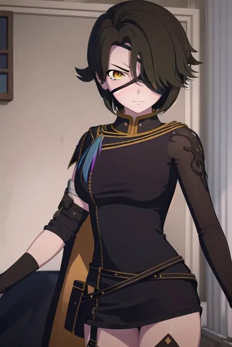 cinderfall, <lyco:cinderfall-lyco-nochekaiser:1>,
cinder fall, short hair, black hair, (yellow eyes:1.5),
BREAK thighhighs, gloves, jewelry, boots, shorts, black gloves, belt, cape, thigh boots, bandages, dress, black dress, black cape, eyepatch,
BREAK indoors,
BREAK looking at viewer, (cowboy shot:1.5),
BREAK <lyco:GoodHands-beta2:1>, (masterpiece:1.2), best quality, high resolution, unity 8k wallpaper, (illustration:0.8), (beautiful detailed eyes:1.6), extremely detailed face, perfect lighting, extremely detailed CG, (perfect hands, perfect anatomy),