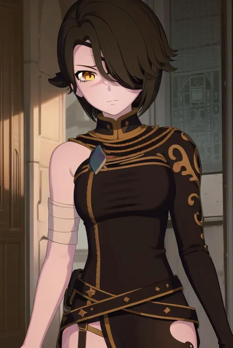 cinderfall, <lyco:cinderfall-lyco-nochekaiser:1>,
cinder fall, short hair, black hair, (yellow eyes:1.5),
BREAK thighhighs, gloves, jewelry, boots, shorts, black gloves, belt, cape, thigh boots, bandages, dress, black dress, black cape, eyepatch,
BREAK indoors,
BREAK looking at viewer, (cowboy shot:1.5),
BREAK <lyco:GoodHands-beta2:1>, (masterpiece:1.2), best quality, high resolution, unity 8k wallpaper, (illustration:0.8), (beautiful detailed eyes:1.6), extremely detailed face, perfect lighting, extremely detailed CG, (perfect hands, perfect anatomy),