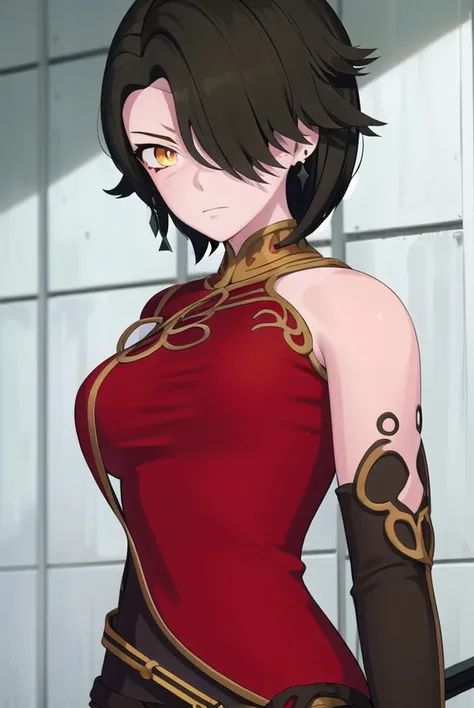 cinderfall, <lyco:cinderfall-lyco-nochekaiser:1>,
cinder fall, short hair, black hair, (yellow eyes:1.5),
BREAK gloves, dress, jewelry, earrings, black gloves, elbow gloves, (hair over one eye:1.5), tattoo, scar, chinese clothes, red dress, china dress,
BREAK indoors,
BREAK looking at viewer, (cowboy shot:1.5),
BREAK <lyco:GoodHands-beta2:1>, (masterpiece:1.2), best quality, high resolution, unity 8k wallpaper, (illustration:0.8), (beautiful detailed eyes:1.6), extremely detailed face, perfect lighting, extremely detailed CG, (perfect hands, perfect anatomy),