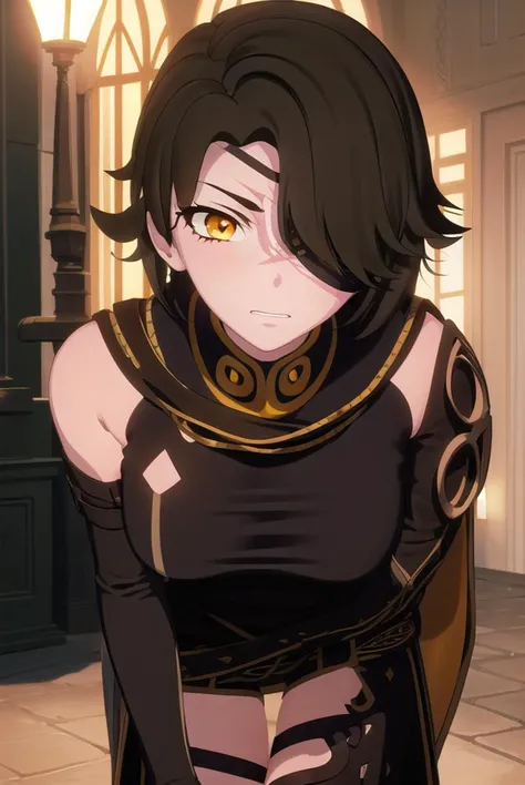 cinderfall, <lyco:cinderfall-lyco-nochekaiser:1>,
cinder fall, short hair, black hair, (yellow eyes:1.5),
BREAK thighhighs, gloves, jewelry, boots, shorts, black gloves, belt, cape, thigh boots, bandages, dress, black dress, black cape, eyepatch,
BREAK indoors,
BREAK looking at viewer, (cowboy shot:1.5),
BREAK <lyco:GoodHands-beta2:1>, (masterpiece:1.2), best quality, high resolution, unity 8k wallpaper, (illustration:0.8), (beautiful detailed eyes:1.6), extremely detailed face, perfect lighting, extremely detailed CG, (perfect hands, perfect anatomy),