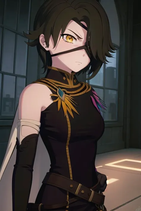 cinderfall, <lyco:cinderfall-lyco-nochekaiser:1>,
cinder fall, short hair, black hair, (yellow eyes:1.5),
BREAK thighhighs, gloves, jewelry, boots, shorts, black gloves, belt, cape, thigh boots, bandages, dress, black dress, black cape, eyepatch,
BREAK indoors,
BREAK looking at viewer, (cowboy shot:1.5),
BREAK <lyco:GoodHands-beta2:1>, (masterpiece:1.2), best quality, high resolution, unity 8k wallpaper, (illustration:0.8), (beautiful detailed eyes:1.6), extremely detailed face, perfect lighting, extremely detailed CG, (perfect hands, perfect anatomy),