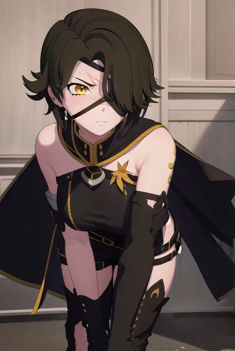 cinderfall, <lyco:cinderfall-lyco-nochekaiser:1>,
cinder fall, short hair, black hair, (yellow eyes:1.5),
BREAK thighhighs, gloves, jewelry, boots, shorts, black gloves, belt, cape, thigh boots, bandages, dress, black dress, black cape, eyepatch,
BREAK indoors,
BREAK looking at viewer, (cowboy shot:1.5),
BREAK <lyco:GoodHands-beta2:1>, (masterpiece:1.2), best quality, high resolution, unity 8k wallpaper, (illustration:0.8), (beautiful detailed eyes:1.6), extremely detailed face, perfect lighting, extremely detailed CG, (perfect hands, perfect anatomy),