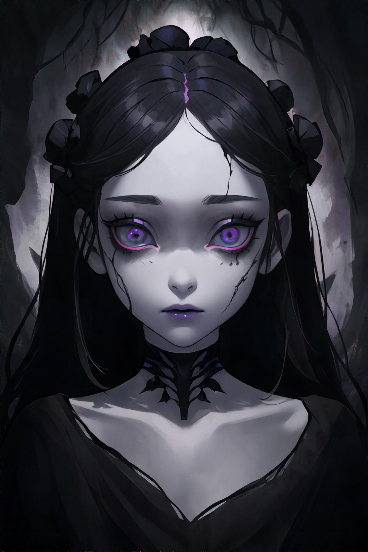 A drawing of a woman with purple eyes and a black dress - SeaArt AI