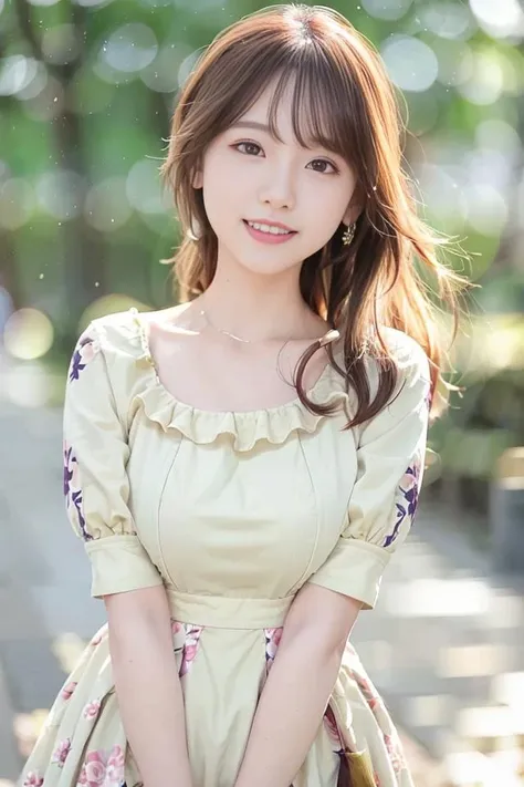 (skin blemish:1.2), (skindentation), black eye, 1woman, 25yo, (((woman))), solo, realistic, best quality, photorealistic, masterpiece, 8k, high res, solo, extremely detailed face, (professional lighting, bokeh), (light particles, lens flare, glowing particles:0.6), (dynamic pose:1.2), soft lighting, top angle view, fashionable and trendy atmosphere, japan, street, tokyo, city, ((daytime)), sky, ((looking at the viewer:1)), (looking at the camera),(portrait:0.6), (cowboy shot:1), gorgeous, standing, keep original facial proportion, wide shoulder, (medium breast), (medium hair), brown hair, floating hair, lips, lipstick, seductive smile, floating hair, smile, open_mouth, teeth, (floral print one piece dress with short sleeve:1), (summer dress:1), blouse, eyelashes, mole, (mole under eye:1), <lora:Minisha:0.9>