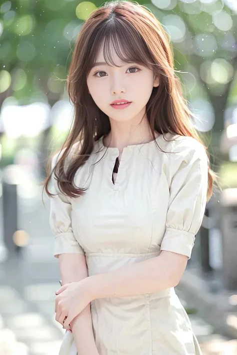 (skin blemish:0.8), (skindentation), black eye, 1woman, 25yo, (((woman))), solo, realistic, best quality, photorealistic, masterpiece, 8k, high res, solo, extremely detailed face, (professional lighting, bokeh), (light particles, lens flare, glowing particles:0.6), (dynamic pose:1.2), soft lighting, top angle view, fashionable and trendy atmosphere, japan, street, tokyo, city, ((daytime)), sky, ((looking at the viewer:1)), (looking at the camera),(portrait:0.6), (Close up:1), head shot, gorgeous, standing, keep original facial proportion, wide shoulder, (medium breast), (medium hair), brown hair, floating hair, lips, lipstick, seductive smile, floating hair, smile, open mouth, teeth, (summer dress:1), blouse, eyelashes, mole, (mole under eye:1), hands at back, mature body, <lora:Minisha:0.9>