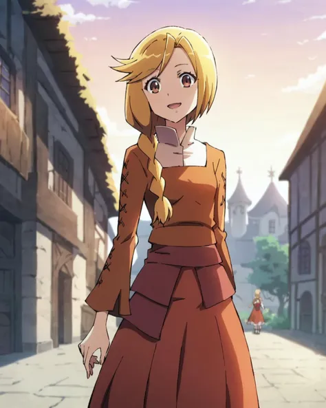 score_9, score_8_up,  score_7_up, source_anime, best quality, masterpiece, 1girl, enri emmot, overlord, brown eyes, blonde hair, facing viewer,, beautiful lighting, absurdres, petite, young, side plait, plaited hair, smile, outdoors, village, clear sky,  cowboy shot,  dress, <lora:enri-overlord-ponyXL-v0.5:1>